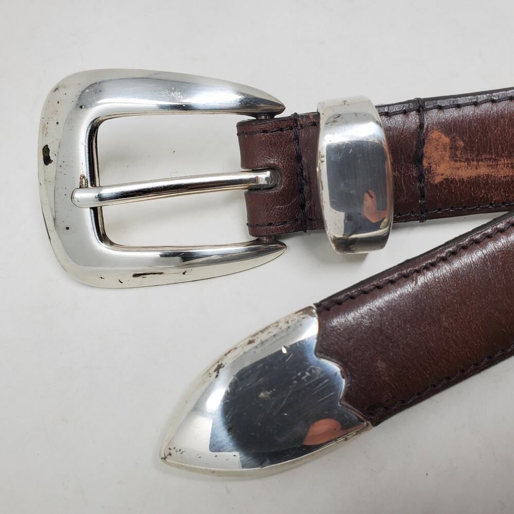 Brighton Western Tooled Leather Belt Brown Silver Sz L Western Rodeo Cowboy - Picture 6 of 7